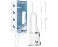 Waterfloss, waterfloss voor tanden, 300ml IPX7 waterdichte orale irrigator, 3 modi en 4 vervangbare mondstukken, professionele tandheelkundige floss reinigingspaddels, geschikt voor gezinsreisgom, beugel verzorging (wit)