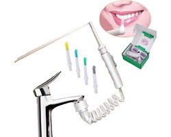 Waterflosser met Kraan Aansluiting – Geen Oplader Nodig – Super Krachtige Waterdruk met Verstelbare Standen – incl. Opbergwandkastje en 4 Opzetstukken - Bevestigen zonder Boren - Flosapparaat - Monddouche - Tongschraper - Water Flosser