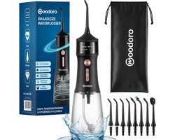 Waterflosser - Monddouche - 12 Standen - 45 Dagen Gebruik - 8 Opzetstukken - Zelfreinigend - Tongschraper - Tongreiniger - Water Flosser - Tandsteen verwijderaar - Tandplak verwijderaar - Draadloos & Oplaadbaar - Zwart - Woodoro