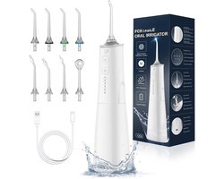Waterflosser-Monddouche-Draagbare Mondirrigator-Tandirrigator met 8 Nozzles en 5 Standen-Waterdicht 300ML USB-C Oplaadbaar -WIT.
