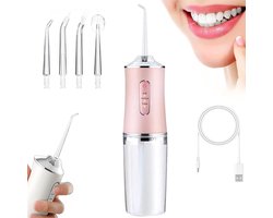 Waterflosser - Monddouche Elektrisch - Neusdouche - Monddouche - Flosapparaat - Draagbare waterflosser - 300 ml - 3 standen - 4 Opzetstukjes - Geschikt voor reizen, beugels thuis en brugverzorging - Kerstcadeau - Roze