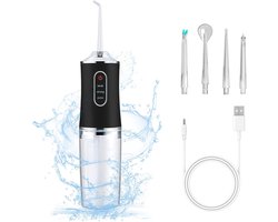 Waterflosser - Monddouche Elektrisch - Neusdouche - Monddouche - Flosapparaat - Draagbare waterflosser - 300 ml - 3 standen - 4 Opzetstukjes - Geschikt voor reizen, beugels thuis en brugverzorging - Kerstcadeau - Zwart