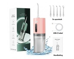 Waterflosser - Neusdouche - Monddouche - Tongschraper - Tongreiniger - Flosapparaat - 5 opzetstukken - 3 standen - Tandplak verwijderaar - Extra Opzetstukken - Tongreiniger - Beugel schoonmaken - Tandplak verwijderen - Tandsteenverwijderaar (ROZE)