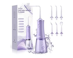 Waterflossers voor het reinigen van tanden verbeterde 280 ml, Draadloze elektrische monddouche, waterflosser, 5 modi en 6 sproeiers, USB-C oplaadbaar, IPX7 waterdicht, 280 ml watertank, mondreiniger (paars)