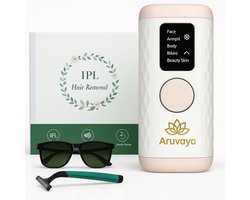 Aruvaya Premium IPL Laser Ontharingsapparaat - Ontharingsapparaten - 1.00.000 Flitsen - Ice Cooling Functie - 5 standen - Hele Lichaam - Voor Gevoelige Huid - Voor Elk Huid en Haartype - Haarvrij - Inclusief Scheermesje & Beschermbril & Aloë Vera
