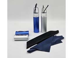 +1,5 / 2 unisex leesbril + 2 brillenkoker + 2 doekje / zilver donkerblauw / supercompakte brillen +1.5 / 015016 / noodpakket leesbrillen / mini leesbrillen / smartfit leesbrillen / metalen buis met bril / pocket leesbril dames heren / Aland optiek