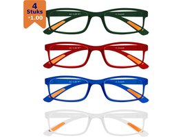 Amazotti Milano Leesbrillen +1.00 – Leesbril met sterkte – Dames en Heren – Kunststof – Groen, Rood, Blauw, Transparant – Set van 4