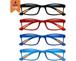 Amazotti Milano Leesbrillen +1.00 – Set van 4 – Trendy & Comfortabel – Italiaans Design – Lichtgewicht Kunststof – Dames & Heren – Zwart, Blauw, Rood – Leesbril met Sterkte