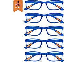 Amazotti Milano Leesbrillen +1.00 – Set van 5 – Trendy & Comfortabel – Italiaans Design – Lichtgewicht Kunststof – Dames & Heren – Blauw – Leesbril met Sterkte