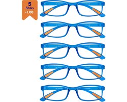 Amazotti Milano Leesbrillen +1.00 – Set van 5 – Trendy & Comfortabel – Italiaans Design – Lichtgewicht Kunststof – Dames & Heren – Lichtblauw – Leesbril met Sterkte