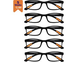 Amazotti Milano Leesbrillen +1.00 – Set van 5 – Trendy & Comfortabel – Italiaans Design – Lichtgewicht Kunststof – Dames & Heren – Zwart – Leesbril met Sterkte