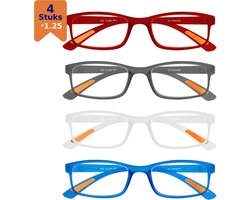 Amazotti Milano Leesbrillen +1.25 – Set van 4 – Trendy & Comfortabel – Italiaans Design – Lichtgewicht Kunststof – Dames & Heren – Rood, Grijs, Transparant, Aquamarijn – Leesbril met Sterkte