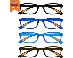 Amazotti Milano Leesbrillen +1.25 – Set van 4 – Trendy & Comfortabel – Italiaans Design – Lichtgewicht Kunststof – Dames & Heren – Zwart, Bruin, Blauw – Leesbril met Sterkte