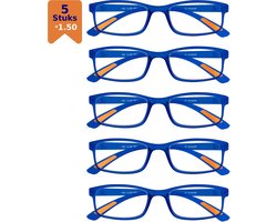 Amazotti Milano Leesbrillen +1.50 – Set van 5 – Trendy & Comfortabel – Italiaans Design – Lichtgewicht Kunststof – Dames & Heren – Blauw – Leesbril met Sterkte
