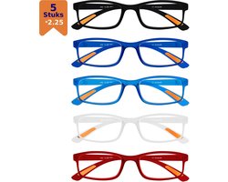 Amazotti Milano Leesbrillen +2.25 – Leesbril met sterkte – Trendy Italiaans Design – Dames en Heren – Kunststof – Set van 5