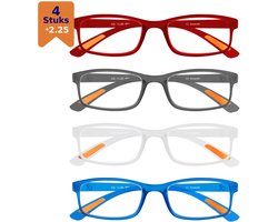 Amazotti Milano Leesbrillen +2.25 – Set van 4 – Trendy & Comfortabel – Italiaans Design – Lichtgewicht Kunststof – Dames & Heren – Rood, Grijs, Transparant, Aquamarijn – Leesbril met Sterkte