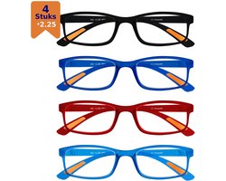 Amazotti Milano Leesbrillen +2.25 – Set van 4 – Trendy & Comfortabel – Italiaans Design – Lichtgewicht Kunststof – Dames & Heren – Zwart, Blauw, Rood – Leesbril met Sterkte