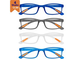 Amazotti Milano Leesbrillen +3.00 – Set van 4 – Trendy & Comfortabel – Italiaans Design – Lichtgewicht Kunststof – Dames & Heren – Blauw, Grijs, Transparant – Leesbril met Sterkte