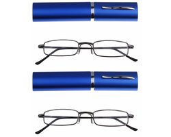 Amazotti Perozi - Klassieke Look-Over leesbril - Leesbril voor Dames & Heren - sterkte +1,00 - Set van 2 - Gun Metal met Blauwe koker
