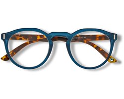 Ear2Ear leesbril Chester-06 Petrol blauw rond montuur bruine poot +3.00 incl. opbergpouch en verpakking