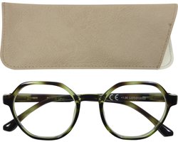 Lilly&June Leesbril Geometrisch Khaki Groen +3 - Met Beige Etui