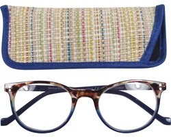 Lilly&June Leesbril Havana/Blauw met Metalen Scharnier +1 - Met Multikleur Etui