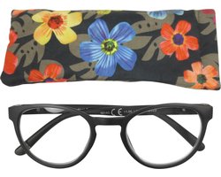 Lilly&June Leesbril Mat Zwart met Metalen Scharnier +1.5 - Met Bloemmotief Etui