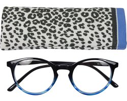 Lilly&June Leesbril Zwart/Blauw Gestreept +1 - Met Dierenprint Etui