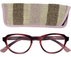 Lilly&June Leesbril Zwart/Roze Gestreept +1 - Met Bijpassend Gestreept Etui