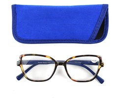 Lilly&June Trendy Lichtgewicht Kunsstof Leesbril Havana Montuur met donker blauwe Pootjes. Sterkte +2.5