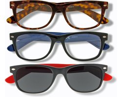 Noci Eyewear set van 3 (zonne)leesbrillen Wayefarer - sterkte +2.00 - 1 x tortoise - 1 x zwart/navy - 1 x zonneleesbril zwart/rood