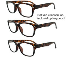 Refocus set van 3 leesbrillen +1.00 RR4001 Bruin tortoise - Dames - Heren - Leesbril - Voordeel bundel - Rechthoekig