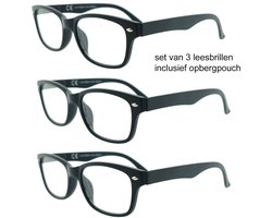 Refocus set van 3 leesbrillen +2.00 RR4000 Zwart - Dames - Heren - Leesbril - Voordeel bundel - Rechthoekig