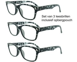 Refocus set van 3 leesbrillen +3.00 RR4002 Grijs tortoise - Dames - Heren - Leesbril - Voordeel bundel - Rechthoekig