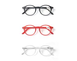 Set van 3 Premium Leesbrillen ROUND - Sterkte +1.00 - Black Velvet/Red Haze/Clear Sky - Voor Dames & Heren - Italiaans Design - Universele pasvorm
