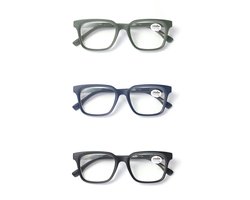 Set van 3 Premium Leesbrillen SQUARE - Sterkte +1.00 - Black Velvet/Green Olive/Blue Marine - Voor Dames & Heren - Italiaans Design - Universele pasvorm