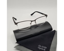 Unisex leesbril +1.5 / halfbril van metalen frame / veerscharnier / grijze / donkergrijze / bril op sterkte +1,5 / leesbril met brillenkoker en microvezeldoekje / dames en heren leesbril / 922 zwart / lunettes de lecture demi-monture / Aland optiek