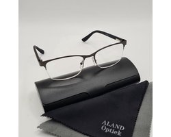 Unisex leesbril +1.75 / halfbril van metalen frame / veerscharnier / grijze / donkergrijze / bril op sterkte +1,75 / leesbril met brillenkoker en microvezeldoekje / dames en heren leesbril / 922 zwart / lunettes de lecture demi-monture / Aland optiek
