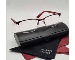 Unisex leesbril +3.5 / halfbril van metalen frame / veerscharnier / bruine / donkerrode bril op sterkte +3,5 / leesbril met brillenkoker en microvezeldoekje / dames en heren leesbril / 922 bordeaux / lunettes de lecture demi-monture / Aland optiek