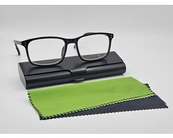 Zwarte bril op sterkte +2,5 met een compact metalen etui en 2 doekjes / unisex leesbril / universele bril voor lezen / leeshulp leesbril +2.5 dames heren / flexibele tempels / 013514 / reading glasses with hard case / Aland optiek