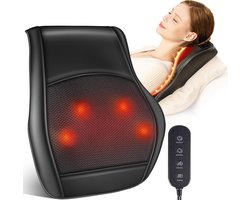 Nekmassagekussen - Rugmassagekussen - 4 kneedkoppen - 3 intensiteitsstanden - Verwarmingsfunctie - Bedrade afstandsbediening - Geschikt voor thuis en kantoor