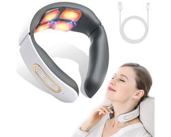 QTTVBTNA -Nekmassageapparaat met Warmte – 11-in-1 Elektrisch Massageapparaat, 6 Modi & 9 Intensiteitsniveaus, Draagbaar voor Thuis & Kantoor (Wit)