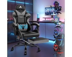 Ergonomische Gaming Bureaustoel met Voetensteun - 150 Graden Kantelbaar, PU-leer, Zwart en Grijs, 180 kg Capaciteit