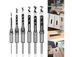 Een set van 6 vierkante houtboren, holle stalen beitels, houtbewerkingsgereedschapset, vierkante gatenboren, steekboren.