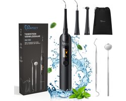 Dentect Tandsteen Verwijderaar – Tandplak Verwijderaar - Tandarts haakje - Tandsteen Krabber - Spiegeltje - Elektrische Sonische Tandsteen Verwijderaar - Tandenborstel Opzetstukken - Opbergtasje - 5 Standen - Zwart