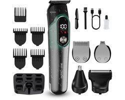 Gloovon® Tondeuse Set & Multigroomer - 5-in-1 Draadloos & USB-C Oplaadbaar - Met LED Display & Opbergstation - RVS Messen - Cyaan