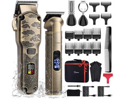 Hatteker Professionele Tondeuse en 4-in-1 Trimmer Set voor Heren – Haartrimmer, Baardtrimmer, Precisie Trimmer & Neustrimmer – Inclusief Kapperscape – IPX7 Waterdicht – USB Oplaadbaar – Draadloos T-Blade – Bronskleurig