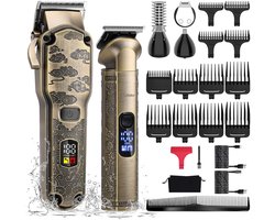 Hatteker Professionele Tondeuse en 4-in-1 Trimmer Set voor Heren – Haartrimmer, Baardtrimmer, Precisie Trimmer & Neustrimmer – IPX7 Waterdicht – USB Oplaadbaar – Draadloos T-Blade – Bronskleurig