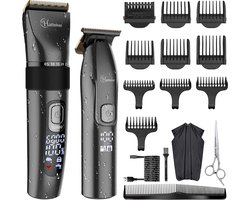 Hatteker Professionele Tondeuse Set – Haartrimmer & Baardtrimmer voor Heren – T-Blade Precisietrimmer – IPX7 Waterdicht – Inclusief Schaar en Knipcape – Zwart