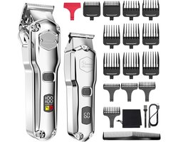 Hatteker Professionele Tondeuse Set voor Heren – Baardtrimmer & Haartrimmer – IPX7 Waterdicht – USB Oplaadbaar – T-Blade(Zilver)
